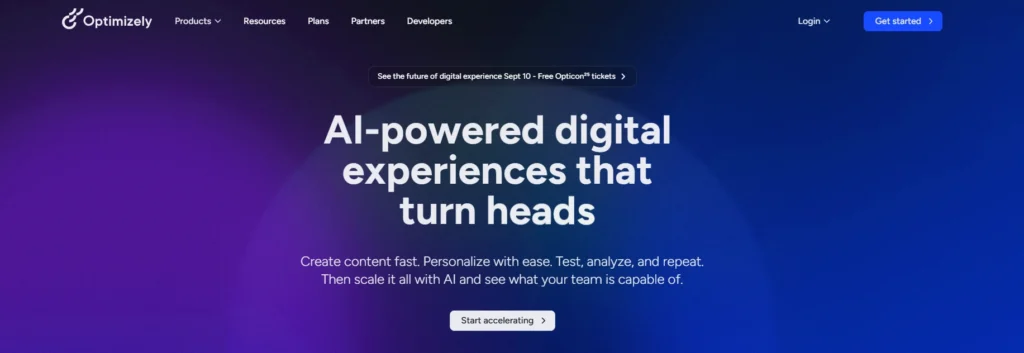 Optimizely homepage with heading and CTA button